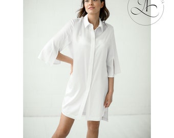 Robe chemise longue en soie « Felicia » - Pure White Slip-On Sleepwear, Long Silk Shirt, Slip dress shirt, Mulberry Silk Dress, Soft sleepwear