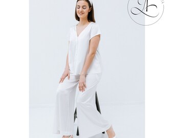 Silk Pajamas Set "Leto" - Bridal White Wide Leg Palazzo, Wide leg palazzo, Bridal long pajamas, Silk pajamas set, Mulberry pure silk pajamas