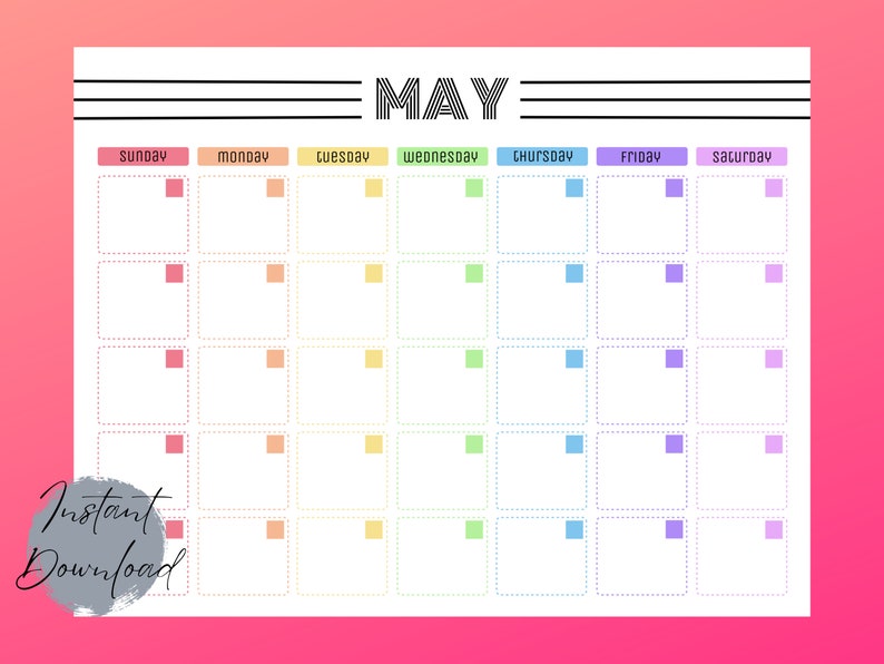 Printable Rainbow Calendar Landscape Monthly Calendars Planner - Etsy
