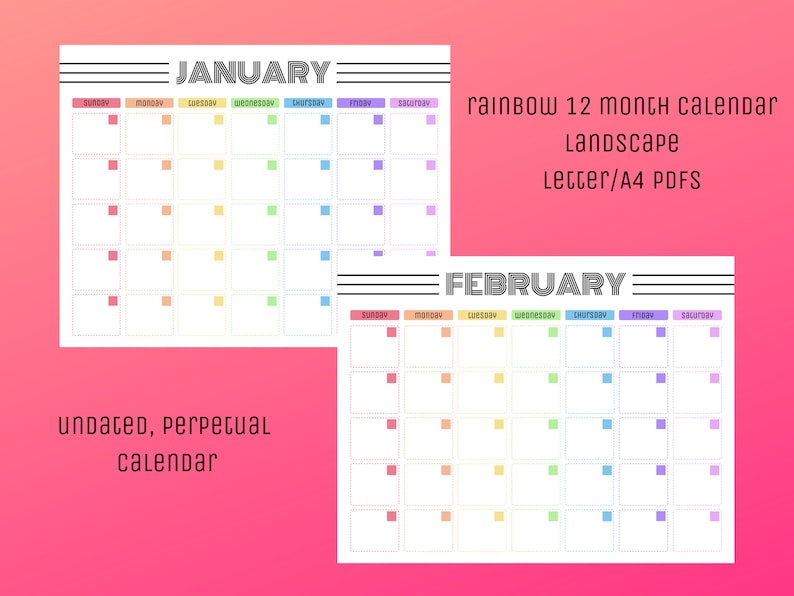 Printable Rainbow Calendar Landscape Monthly Calendars Planner Yearly ...