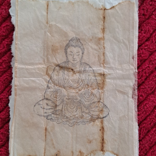 Stamped tea bag, Buddha stamp on tea stained tea bag