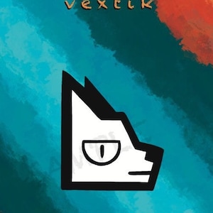 May include: A 6" hard enamel pin featuring a stylized white dog face with a black outline. The pin has a grumpy expression. The background is a mix of teal, orange, and red colors. Text reads "enamel pins by vextik".