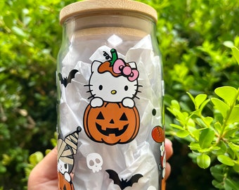 Spooky pumpkin Kitty and Friends | with Lid and Straw | 16oz Cup | Gift Ideas | Tumblers & Cups | Birthday gift | Beer Can Glass |