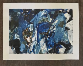 May include: Abstract painting with blue, white, and black paint strokes. The painting has a textured, layered look.