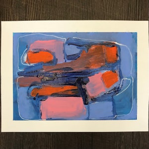 May include: Abstract painting with blue, pink, and orange shapes. The painting is done in a loose, gestural style.