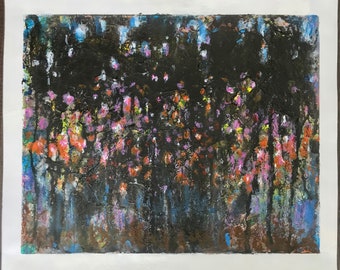 May include: Abstract painting with a dark background and colorful accents. The painting features a variety of colors, including black, blue, pink, orange, and yellow. The colors are applied in a loose and gestural style, creating a sense of movement and energy.