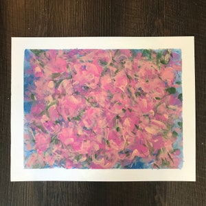 Título: &quot;¡Rosa, rosa, rosa!&quot; Pintura acrílica de 11&quot; x 14&quot; sobre papel de arte Bristol, una abstracción floral de un manto de espumosas rosas rosadas.