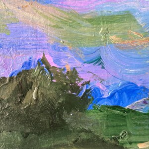 May include: Abstract painting with a layered, textured style. The painting features shades of blue, green, purple, and gold. The colors are blended together to create a sense of depth and movement.