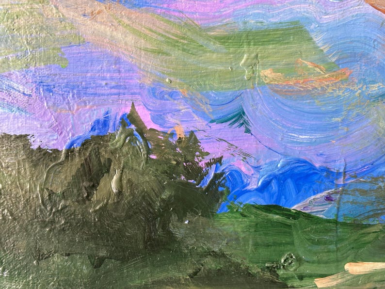 May include: Abstract painting with a layered, textured style. The painting features shades of blue, green, purple, and gold. The colors are blended together to create a sense of depth and movement.