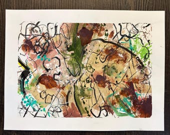 May include: Abstract painting with brown, green, and black paint on a white background. The painting has a textured look and is full of swirls and lines.