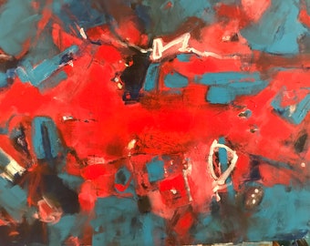 May include: Abstract painting with bold strokes of red, blue, and white paint. The painting has a dynamic and energetic feel.