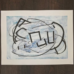 May include: Abstract black ink drawing on a light blue background. The drawing features a series of overlapping lines and shapes, creating a sense of movement and depth.
