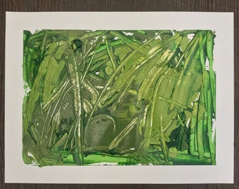 May include: Abstract painting with a green and white color scheme. The painting is made up of thick, textured brushstrokes that create a sense of depth and movement.