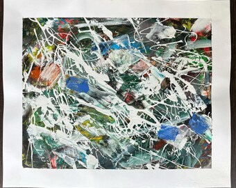 May include: Abstract painting with a mix of white, green, blue, and red paint. The paint is applied in a thick, textured style, creating a dynamic and energetic composition.