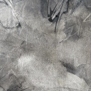 May include: An abstract painting on a textured canvas featuring a monochromatic palette of black, white, and gray. The composition displays layered brushstrokes, charcoal-like marks, and blended gradients that create a sense of depth and movement.