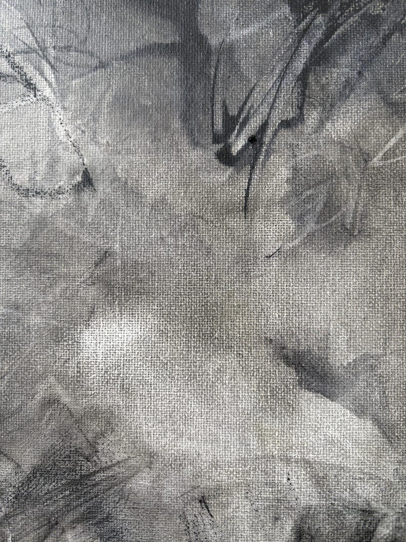 May include: An abstract painting on a textured canvas featuring a monochromatic palette of black, white, and gray. The composition displays layered brushstrokes, charcoal-like marks, and blended gradients that create a sense of depth and movement.