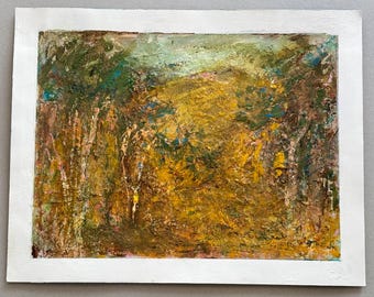 May include: Abstract landscape painting with a white border. The artwork features a textured, impasto style with a palette of yellows, greens, browns, and blues. The brushstrokes create a sense of depth and movement, evoking a natural scene.