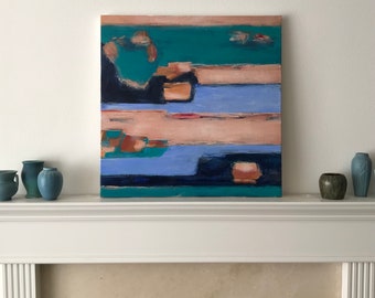 May include: Abstract painting with horizontal stripes in shades of blue, green, and brown. The painting is framed and hanging above a white fireplace mantel.