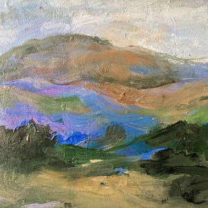 May include: Abstract landscape painting with a focus on a mountain range in the background. The painting features a variety of colors, including blue, green, purple, and brown. The brushstrokes are visible and create a textured effect.