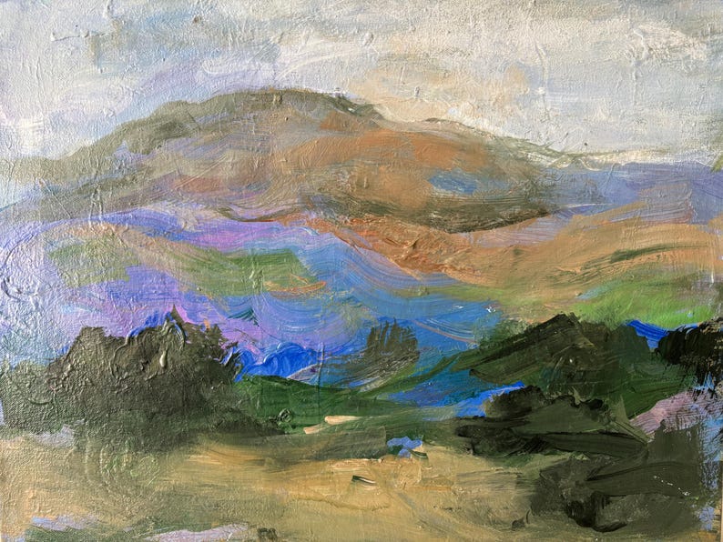 May include: Abstract landscape painting with a focus on a mountain range in the background. The painting features a variety of colors, including blue, green, purple, and brown. The brushstrokes are visible and create a textured effect.