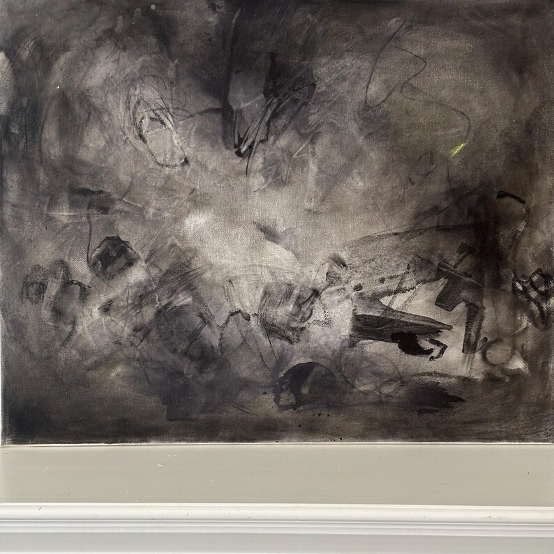Atmospheric Abstraction of charcoal and acrylic on 16x22" canvas, Minimalist black and grey tones, "The Mystery" image 2