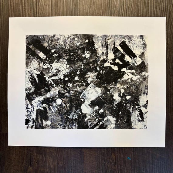 ブリストル紙に描かれた抽象的な白黒アクリル画、14x17インチ 