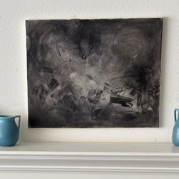 Atmospheric Abstraction of charcoal and acrylic on 16x22" canvas, Minimalist black and grey tones, "The Mystery"