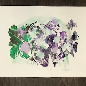 May include: Abstract watercolor painting with shades of green, purple, and white. The painting features a swirling, organic shape with a textured surface.