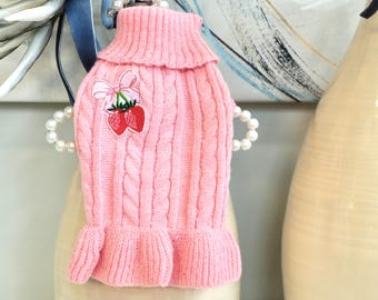 Suéter de tricô com estampa de morango para cachorro | Conjunto de gola alta rosa para pet