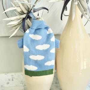 Puede incluir: Un suéter azul claro para perros con diseños de nubes blancas y un dobladillo verde. El suéter tiene cuello alto y mangas cortas. El suéter está colgado en una percha de madera.