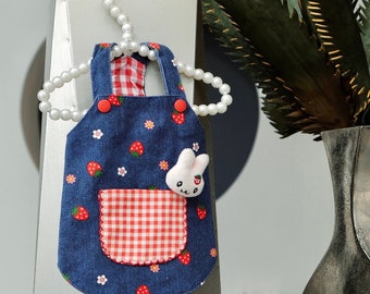 Denim Dog Dress: Strawberry Print Pet Skirt with Rabbit