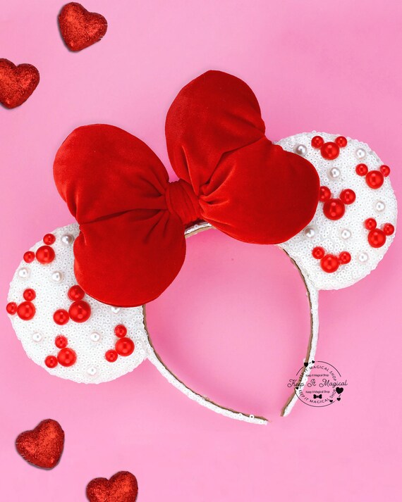 Valentine’s Day Mickey Ears Sweetheart Ears Valentines Minnie Ears Headband Valentines Mickey Ears Red Velvet Pearl Ears Sweetheart Bow