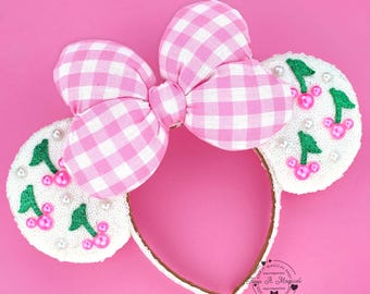 Cherry Minnie Ears Pink Cherries Mickey Ears Headband Cherry Ears Pink Gingham Mickey Ears Bow Pearl Mickey Ears Cute Cherry Mickey Ears Bow