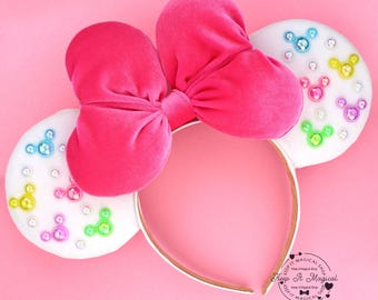 Pink Pearl Minnie Ears Hot Pink Pearl Mickey Ears Pink Birthday Mickey Ears Pink Mickey Pearl Ears Rhinestone Ears Spring Minnie Ears Bow