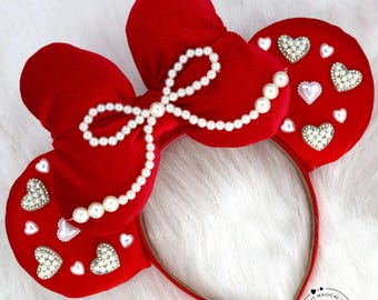 Red Pearl Mickey Ears Christmas Minnie Ears Hearts Rhinestone Minnie Ears Coquette Ears Christmas Ears Holiday Mickey Ears Headband Bow