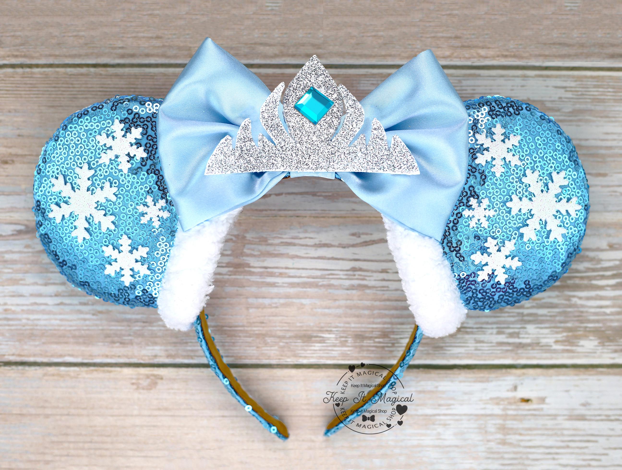 NWOT Disney Parks Blue Frozen Snowflake Queen Elsa Minnie Mouse Ear Headband 2022 Disney~Parks Ears Crystal Elsa Snowflake Blue Minnie  main image 2