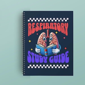 May include: A blue spiral notebook with a cartoon illustration of lungs holding a book that says "The Lungs" and the text "Respiratory Study Guide" in a retro font.