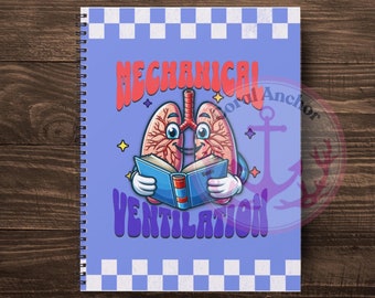 May include: A blue spiral notebook with a white checkered border. The notebook features a cartoon illustration of a pair of lungs reading a book with the text "MECHANICAL VENTILATION" in a retro font.