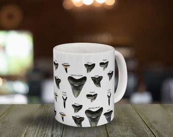 Shark Tooth Identification Ceramic Mug 11oz - Megalodon - Shark Teeth Mug - Shark Lover Gift
