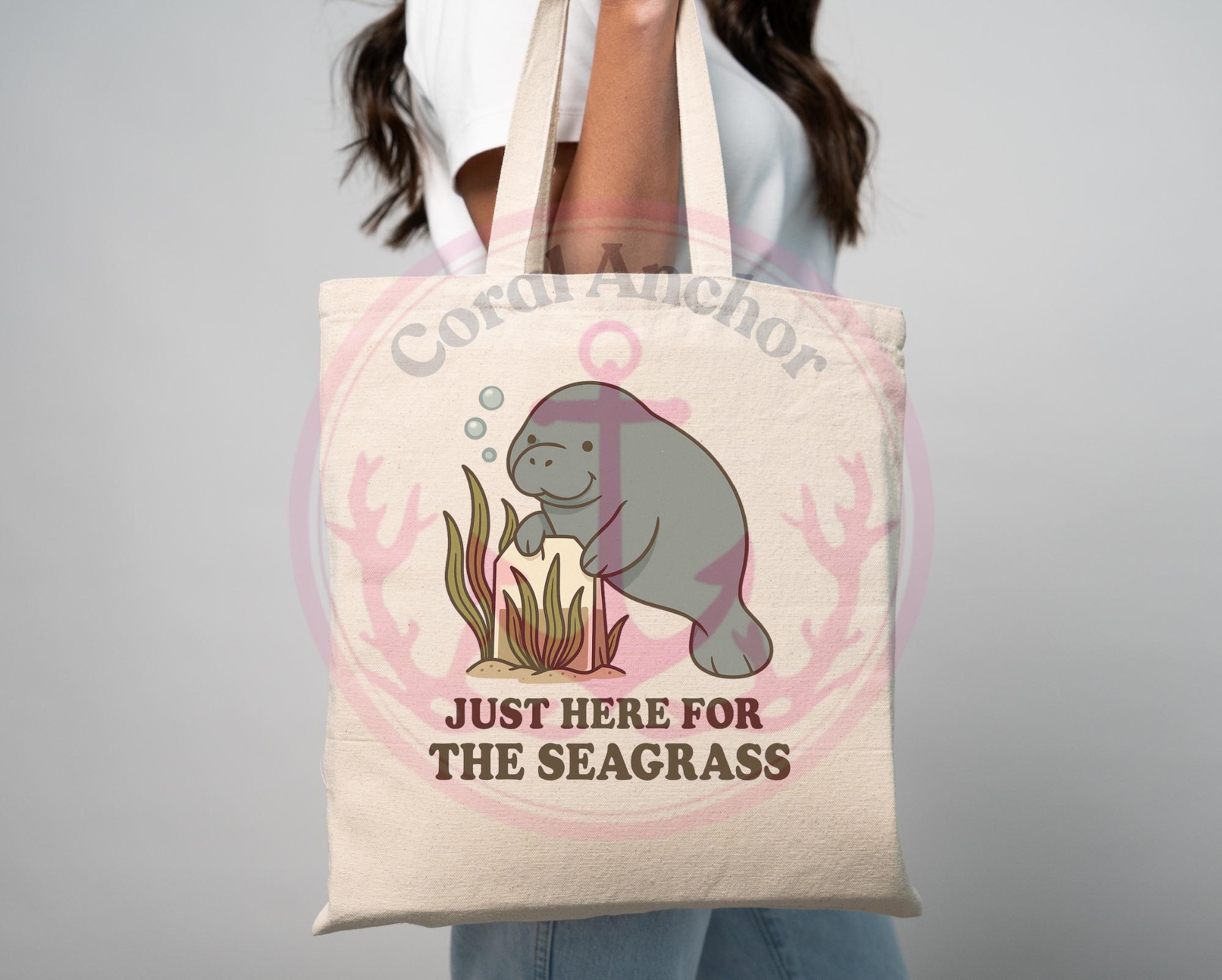 Cute Manatee Canvas Tote Bag, Just Here for the Seagrass, Eco