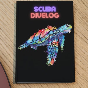 Scuba Dive Log for Women, Black with Watercolor Sea Turtle, Gift for Scuba Divers