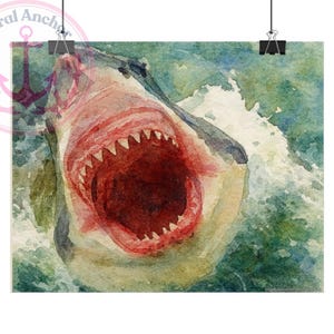 Great White Shark Breaching Poster, Marine Life Art Print, Ocean Decor, Beach House Wall Art, Sea Creature Painting