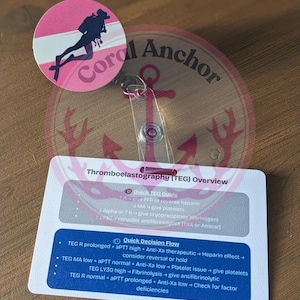 May include: A medical badge reel with a pink and white circular design featuring a scuba diver silhouette. The badge displays medical information about thromboelastography (TEG) with the text "Horizontal Punch" and "Coral Anchor".
