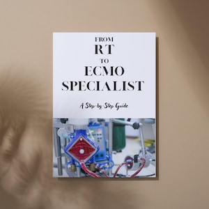 May include: A book titled "FROM RT TO ECMO SPECIALIST" with the subtitle "A Step-by-Step Guide." The cover shows a medical device with red and blue parts. The background is a neutral beige.