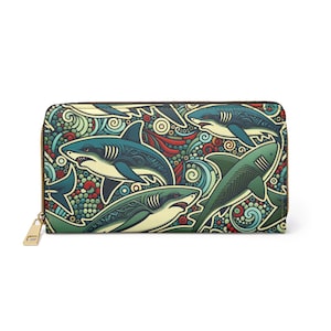 Artistic Shark Wallet, Zipper Wallet, Coin Purse, Card Holder, Animal Lover Gift, Unique Wallet, Ocean Theme Accessories