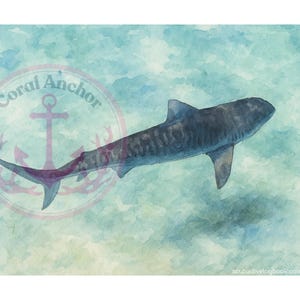 Tiger Shark Watercolor Painting, Semi-Gloss or Matte Paper - Wall Art Decor, Ocean Wildlife Art, Underwater Theme, Dorm Room