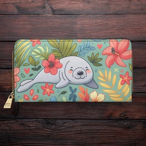 Cartera con cremallera de manatí: adorable cartera con diseño de animales del océano