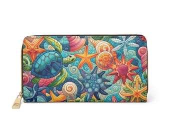Portfel z suwakiem w żółwia morskiego, artystyczna saszetka z motywem oceanu, prezent dla miłośnika plaż, torebka z nadrukiem żółwia, kopertówka w stylu boho w stylu nadmorskim, dodatek na letnie wakacje
