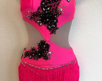 Sassy Jazz Costume with fringe skirt in hot pink and black! Gloves and hairpiece too!