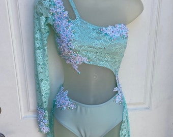 Gorgeous Lyrical Costume in mint lace. Contemporary/lyrical Leotard with Half skirt. Lace lyrical dance costume. Girls lyrical solo.